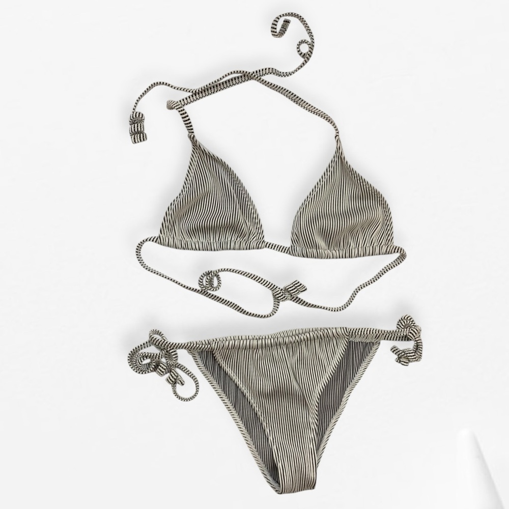 Striped Black and White Halter Bikini Top Tie String Cheeky Bottoms Set M